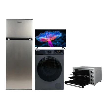Pack : Réfrigérateur Alaska 230L + Smart TV 43″ + Machine à Laver 6kg + Four 40L