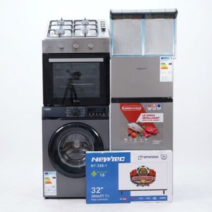 Pack : Réfrigérateur 290L + SMART TV 32″ Led + Machine à Laver automatique + plaque de cuisson 60cm + Four Encastrable+ Hotte Aspirante